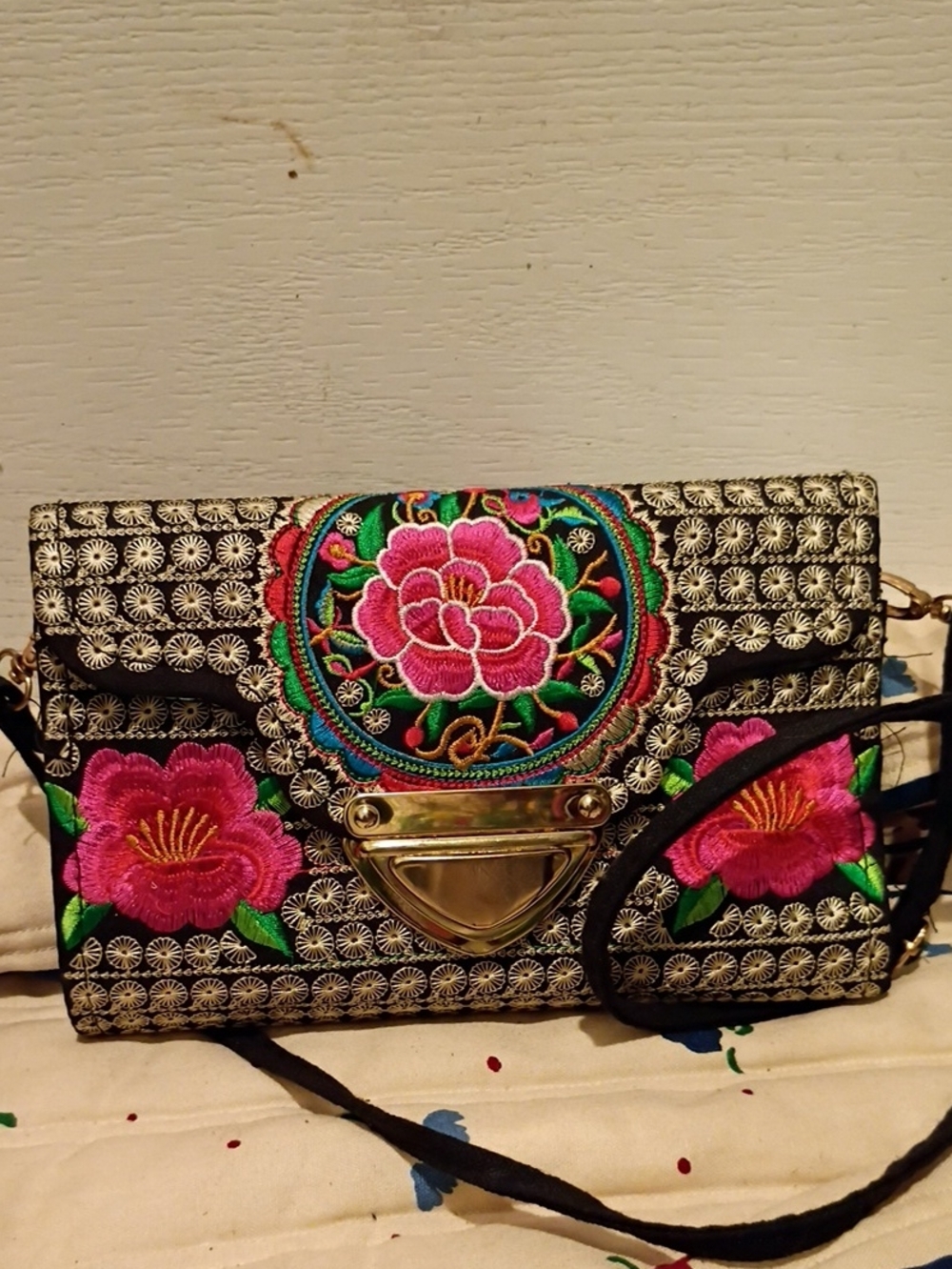 Embroidered Floral Crossbody Bag - Black with Pink Flowers